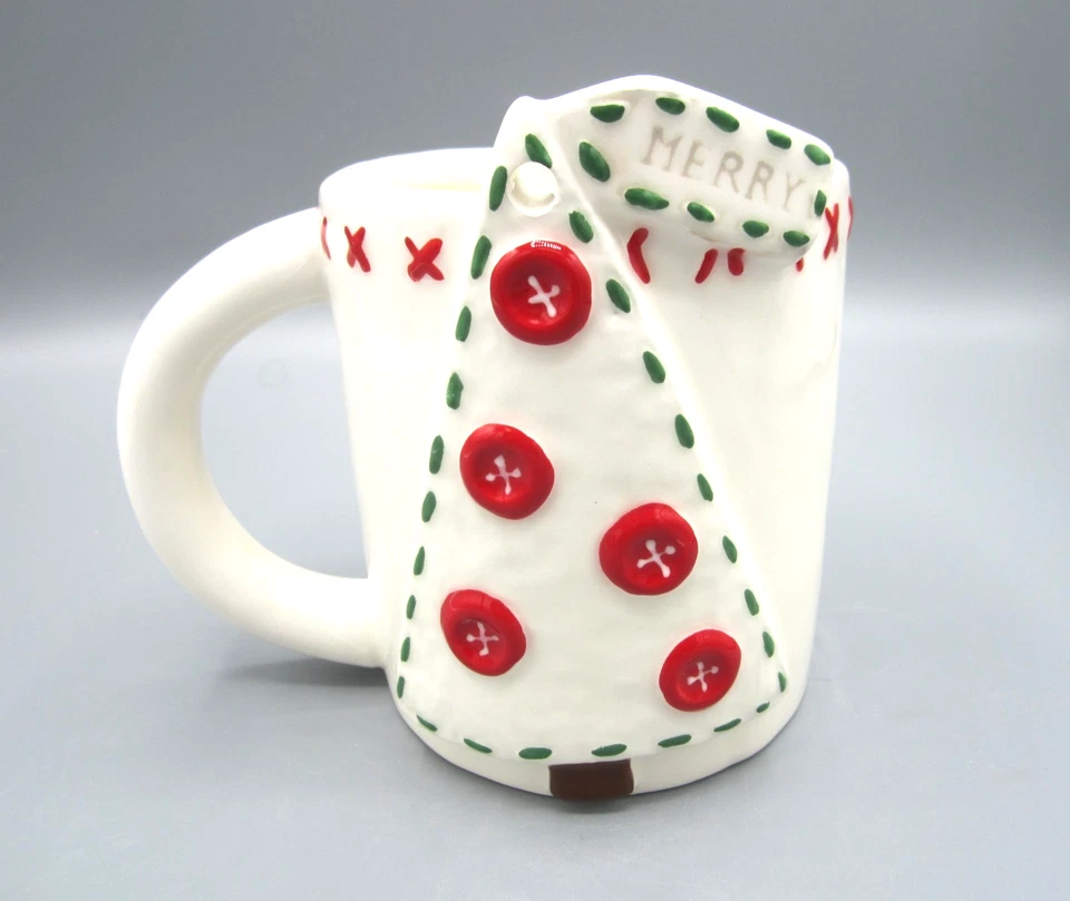 Taza de té café árbol de Navidad Mud Pie 3D blanco rojo botones y puntadas 20 oz (C12) Foto 1 de 4