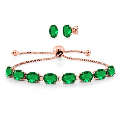18K Rose Gold Plated Silver Nano Emerald Bracelet Earrings Set For Women (6.00 - Image 1 of 4