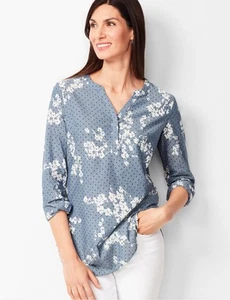 Talbots Floral Dot Chambray Top Long Sleeve Split Neckline XL READ Description - Picture 1 of 5