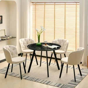 Round Dining Table & 4 Beige Linen Chairs Set | Compact, Stylish & Durable - Picture 1 of 12