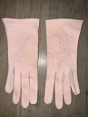 New Vintage Dawnelle Size 6.5 6 1/2 Pink Formal Stretch Gloves Embroidered - Image 1 of 4
