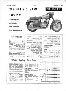 1960 JAWA 'Senior' 344cc Motor Cycle Vintage Original Magazine Report Cutting - Picture 1 of 1