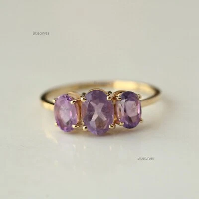 Oval Cut  Amethyst Three Stone Ring In 14k Solid Yellow Gold Gift For Women - Image 1 of 4