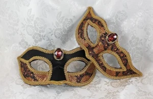 Handmade Couples Masks, Bronze Black Brocade Flexible Masquerade Ball Masks  - Picture 1 of 3