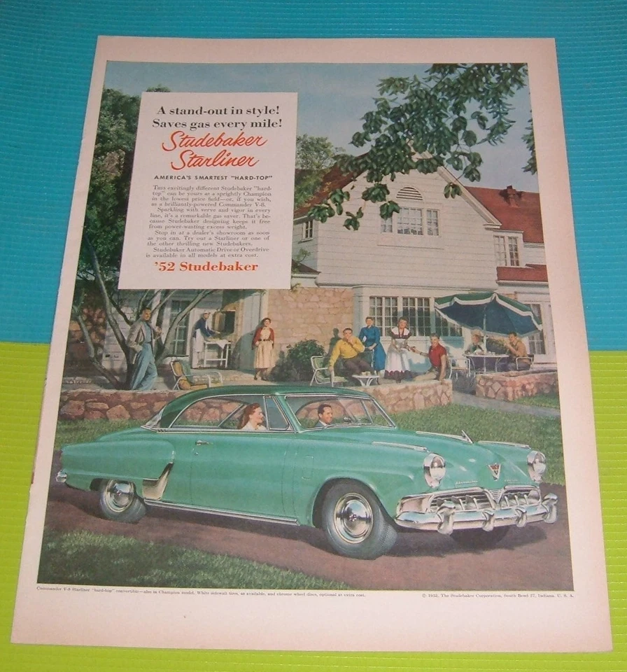 1952 PRINT AD ~ STUDEBAKER STARLINER HARDTOP EMERALD GREEN AUTO CAR AUTOMOBILE - Image 1 of 1