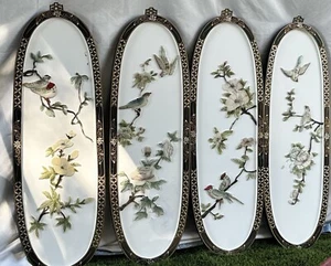 Vintage Chinese Soapstone On Wood Floral And Bird Panels 12” X 36” X 1” Set Of 4 - Picture 1 of 22