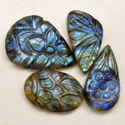 4Pcs 59Cts Natural Labradorite Carving Loose Gemstone Lot 29x20 19x13mm #R-13644 - Image 1 of 4