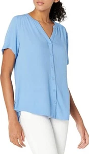 Amazon Essentials Women's Short-Sleeve Woven Blouse French Blue Button Shirt NEW - Picture 1 of 6