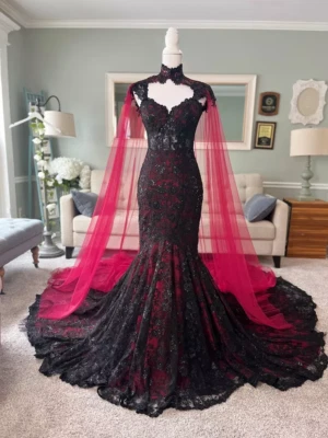 Sexy Gothic Crimson Mermaid Wedding Dresses Applique Sweep Train Bridal Gowns - Image 1 of 4