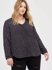 Torrid Plus Size 2/ 2X Black Polka Dot V-Neck Pintuck Button Front Georgette - Picture 1 of 12