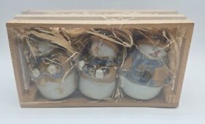 Set 0f 3 Pier 1 Imports Christmas Ceramic Bell Ornaments Snowmen In Wooden Crate