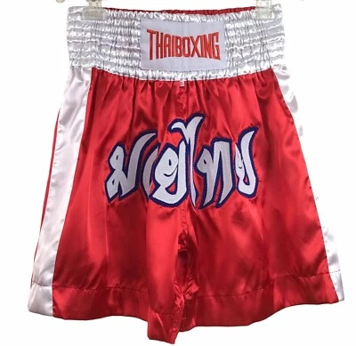 Muay Thai Kick Boxing MMA Satin Shorts XXL /2XL Embroidered Elastic Red White - Image 1 of 4