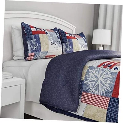 Juego de edredón de 3 piezas - Ropa de cama con estampado náutico americano retazos completo/queen Foto 1 de 4