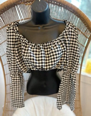 Topshop Womens Gingham Summer Crop Top Flare Sleeve Black White Print Size 10 P - Image 1 of 4