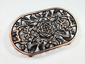 Vintage Cast Metal Trivet Black Gold Floral Oval Hanging Footed - Picture 1 of 8