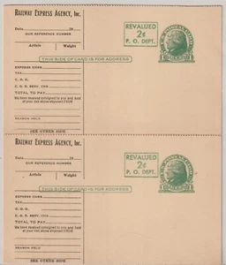 POSTAL CARD: SCOTT # UX39 REVALUED 2c ATTACHED PAIR RAILWAY EXPRESS AGENCY - Picture 1 of 2