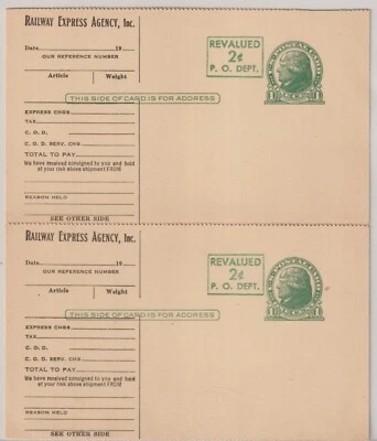 POSTAL CARD: SCOTT # UX39 REVALUED 2c ATTACHED PAIR RAILWAY EXPRESS AGENCY - Image 1 of 2