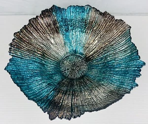 Vintage Art Glass Centerpiece Bowl Reverse Hand Painted LARGE 14” Blue & Brown - Picture 1 of 11