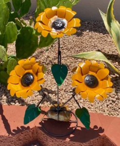Metal Triple Sunflower on Rock Stand Yard Art Garden Decor - Picture 1 of 2
