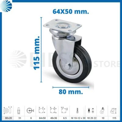 Ruote ruota piene per carrelli carrello mobili piastra girevoli diametro 80 - Immagine 1 di 3