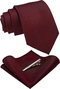 Burgundy Wool Tie Cashmere Necktie and Pocket Square with Tie Clip Sets for Men3 - Picture 1 of 21