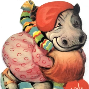 1950s Ice Skating Anthropomorphic Hippopotamus Hippo VTG Valentine Muff Scarf - Picture 1 of 3