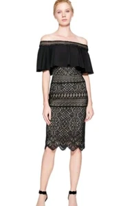Tadashi Shoji Alexia Off Shoulder Crochet Lace Black Nude Cocktail Midi Dress 12 - Picture 1 of 12
