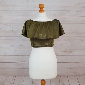 Crop top River Island donna oro scintillante spalle scoperte con volant BOHO UK 10 - Foto 1 di 7