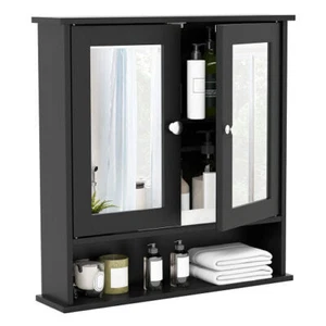 Double Door Wall-Mounted Bathroom Mirror Cabinet with Storage Shelf-Black - Colo - Picture 1 of 5