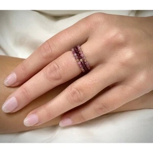 Garnet & Pink Tourmaline Faceted Round Beads Stretchable 3 Rings Set Woman Girl - Picture 1 of 9