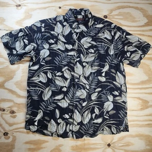 Tori Richard Shirt Mens Medium Blue Silk Linen Hawaiian Camp Floral Palm Tree - Picture 1 of 10