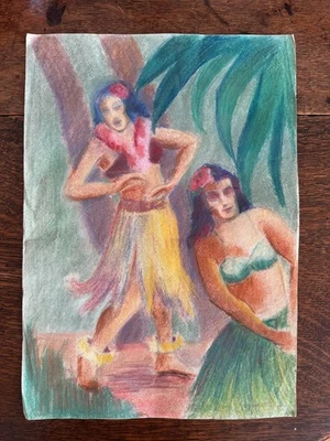1930s Colorful Pastel Drawing Paper Hula Dancer Hawaii Hawaiian Luau 12x17 OOAK - Image 1 of 4