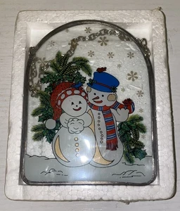 NOS Cute Snowmen Painted Glass Picture 4.5” Long Decor Hanging 90’s - Picture 1 of 4