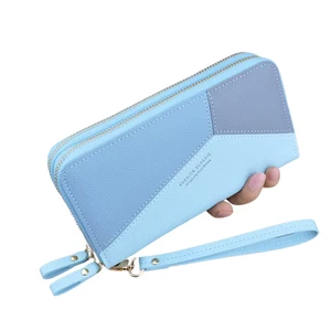 Portefeuille Femme à Double Fermeture Éclair Porte-Monnaie/Carte cuir PU Bleu - Picture 1 of 5