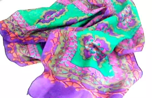 100% Silk Scarf Geo Floral 10" x 69" Roll Hem Tag Removed Few Character Marks - Picture 1 of 3
