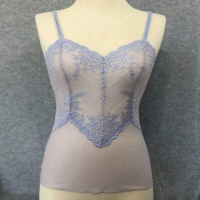 Camiseta sin mangas WACOAL camisola talla M encaje azul teniente/lavanda bordada transparente #61191 Foto 1 de 4