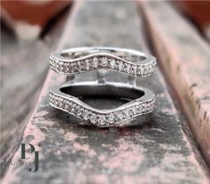 Moissanite Enhancer Guard Wedding Band 0.90 Carat Round Cut Solid 14K White Gold - Picture 1 of 11