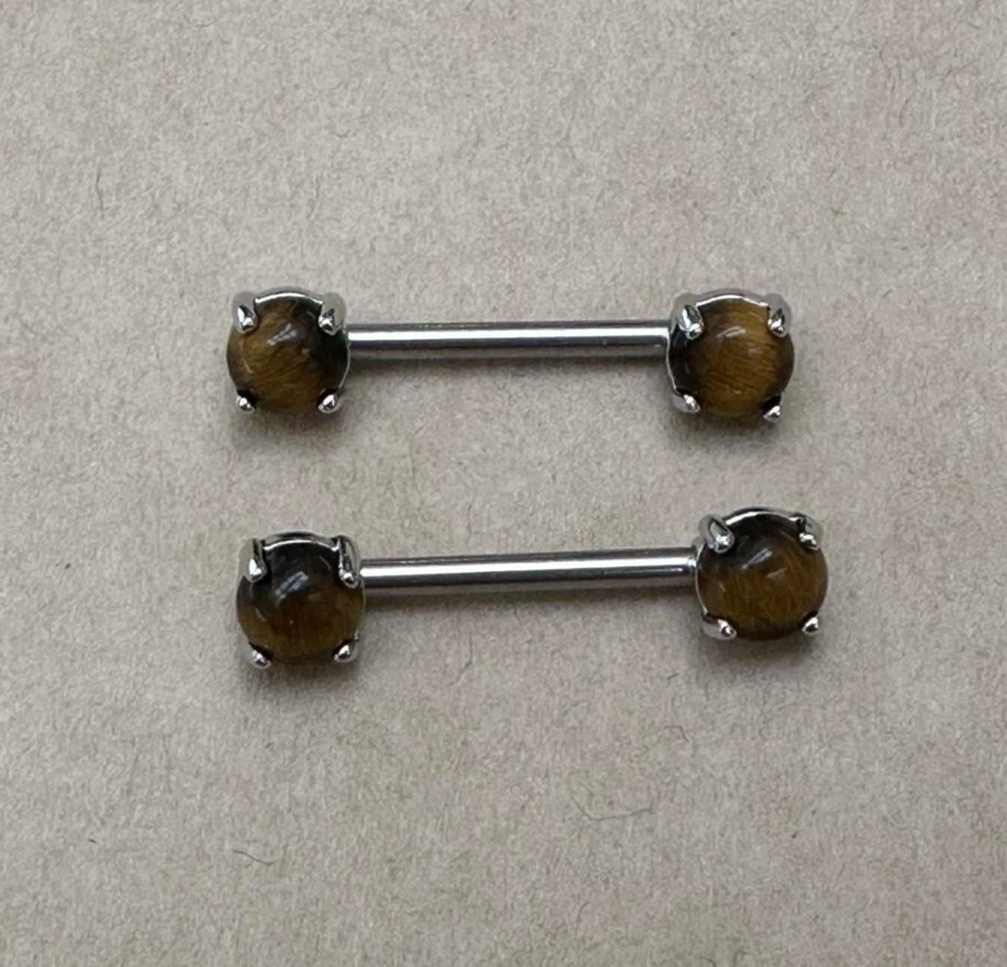 PAR DE BARRAS PEZÓN PIEDRA OJO DE TIGRE MARRÓN ANILLOS PIERCINGS NUEVO CALIBRE 14 Foto 1 de 1