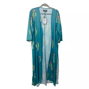Lucky & Blesssed Women's Teal Green Cactus Print 3/4 Sleeve Duster Select Size - Picture 1 of 4