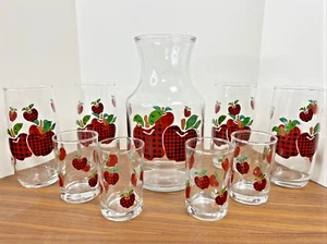 Vintage Decanter Set w/8 Juice Glasses Red & Black Gingham Apples Anchor Hocking - Picture 1 of 12