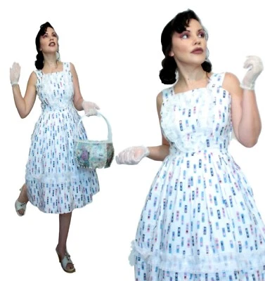 Vestido ATOMIC Blanco Algodón Falda Completa Estampado Tiki P14 Mediados de Siglo Aqua Negro Rosa  Foto 1 de 4