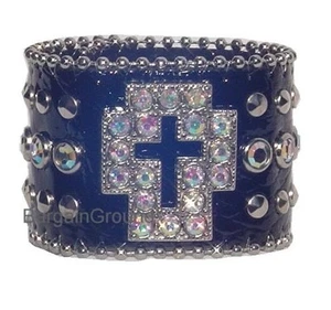 RHINESTONE BLACK CROSS CROCO LEATHER BELT CUFF BRACELET - Picture 1 of 1