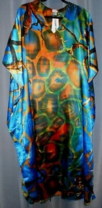 - NEW SANTE MUU MUMU 1X 2X 3X KAFTAN CAFTAN HOUSE DRESS BLUE GOLD ORANGE & SCARF - Picture 1 of 5