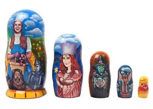 Handpainted Road to Oz Nesting Doll 5pc Tallest 6" 100% Natural Linden Wood - Picture 1 of 3
