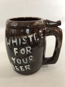VINTAGE Norcrest Brown Drip Glaze WHISTLE FOR YOUR BEER Barrel Shaped Mug Stein - Bild 1 von 10
