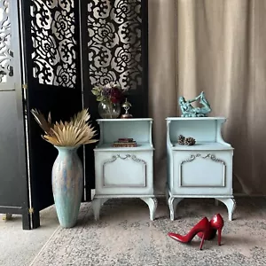 Painted Bedside Tables Louis Style Pale Blue & Silver French Style - Picture 1 of 8