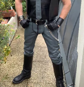 Men’s Genuine Leather Grey Pants New Real Soft Cowhide Black Piping Gay Trousers - Picture 1 of 3