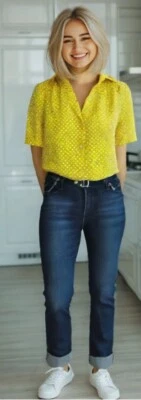 Vintage Russ Polka Dot Blouse Button up Collar Short Sleeve Yellow Size SMALL - Image 1 of 4