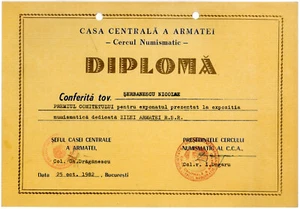 Romania, 1982, Romanian Numismatic Society Diploma - Central Army House - Picture 1 of 1