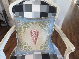 Stunning French OCEAN BLUE Shell Nautical Vintage w/Fringe Needlepoint Pillow - Picture 1 of 10